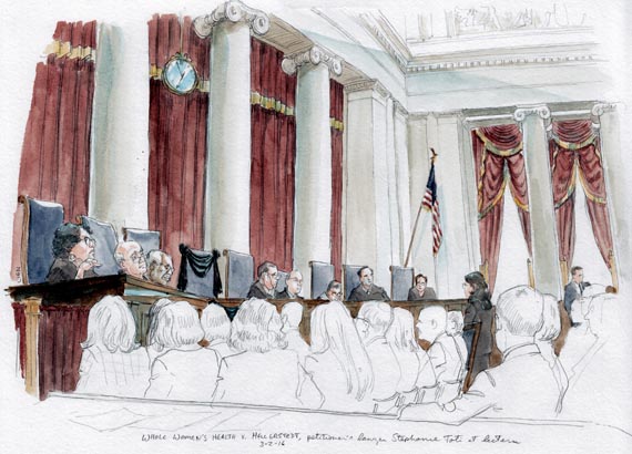 Court hears arguments on Texas abortion clinic law. Petitioners lawyer, Stephanie Toti at lectern.