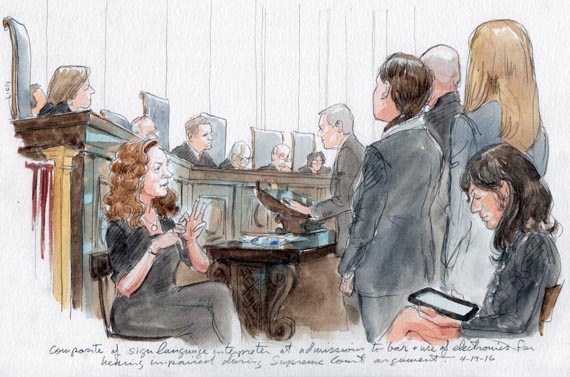 A composite with sign language interpreter and use of electronics during admissions to the bar and arguments.