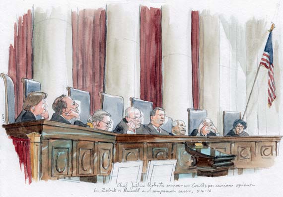 Chief Justice Roberts announces the Court's per curiam decision in Zubik v. Burwell