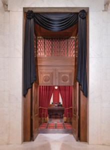 The Courtroom doors draped for the death of Associate Justice Ruth Bader Ginsburg, September 2020.