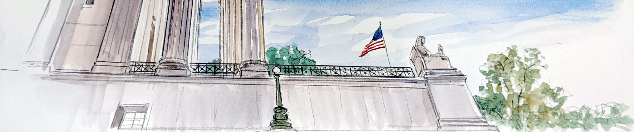 Watercolor of a classical building features large columns, an American flag, and a statue under a partly cloudy sky, conveying a sense of grandeur.