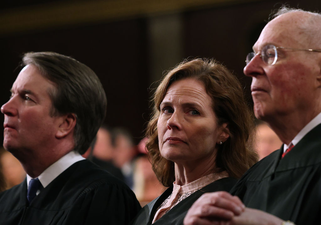 Chief Justice of the Supreme Court John Roberts, Justice Brett Kavanaugh and retired Justice Anthony Kennedy attend U.S. President Donald Trump's address to a joint session of Congress at the U.S. Capitol on March 04, 2025 in Washington, DC.