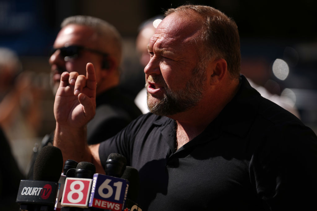 InfoWars founder Alex Jones speaks to the media outside Waterbury Superior Court during his trial on September 21, 2022 in Waterbury, Connecticut.