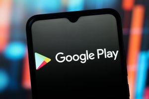In this photo illustration, the Google Play Store logo is seen displayed on a smartphone screen.