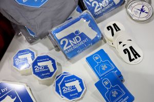 2nd Amendment stickers sit on a table at the 2025 NRA Annual Meetings